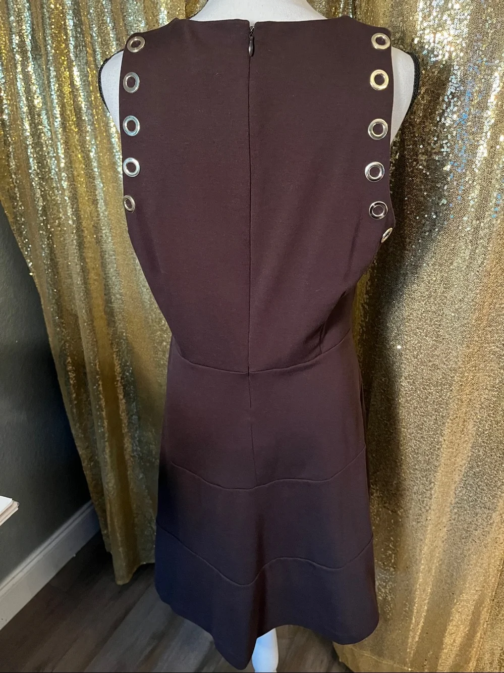 Michael Kors Brown Sleeveless A-Line Dress with Gold Eyelet Trim